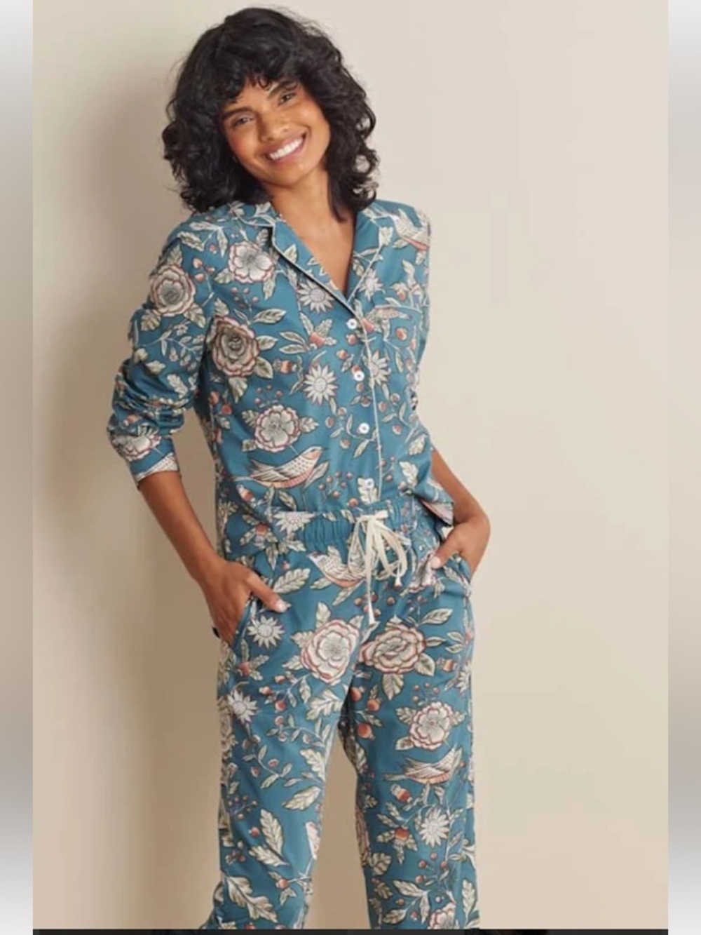 The Company Store Printed Poplin 100% Cotton Birds Flowers Rich Blue Pajama Set